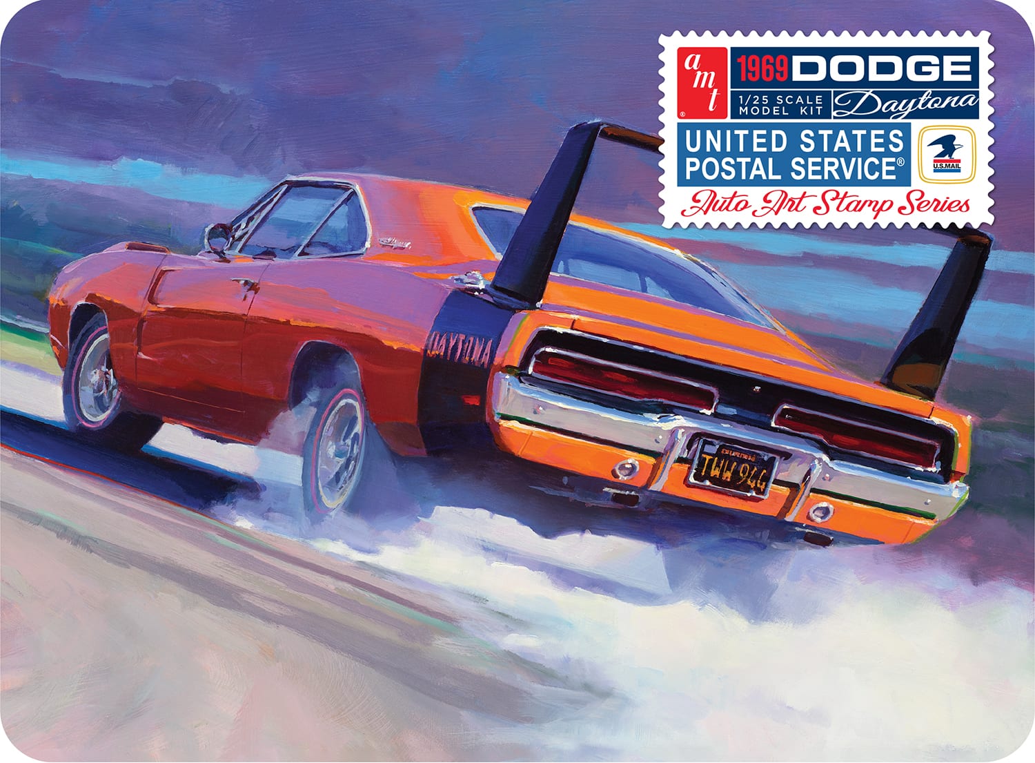 AMT 1969 DODGE CHARGER DAYTONA (USPS STAMP SERIES COLLECTOR TIN) 1:25 SCALE  MODEL KIT | Round2