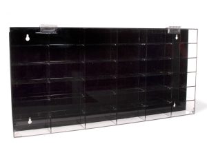 AUTO WORLD 36 CAR ACRYLIC DISPLAY CASE WITH DOOR CLEAR W/ BLACK BACK 1:64 SCALE