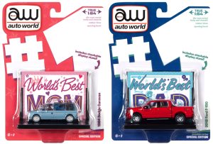 AUTO WORLD "WORLD'S BEST" ASSORTMENT W/BASE & TRADING CARD 1:64 SCALE DIECAST