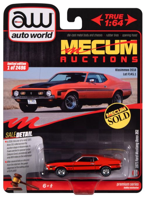 Auto World MECUM 1971 Ford Mustang Boss 351 (Calypso Coral) 1:64 Diecast