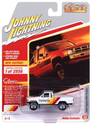 Johnny Lightning Classic Gold 1985 Toyota SR5 Pickup (Gloss White Body Color with Red, Yellow, Orange Side Stripes and TOYOTA logo on Doors) 1:64 Scale Diecast