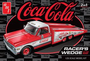 AMT 1972 Chevy Racer's Wedge Pickup Coke 1:25 Scale Model Kit All parts are included to build this exciting kit one of TWO ways: A beautiful factory stock replica of the 1972 Chevy Cheyenne pickup, or the car-hauling Racer’s Wedge ramp truck! The Racer’s Wedge options include rear side view mirrors, open wheels, optional roof lights, a detailed interior, functional wedge doors, a custom 350 V8 engine, and display accessories. The Stock options include a super detailed pickup bed, optional tonneau cover, chrome side mirrors, stock wheels, pad printed tires, a detailed interior, a stock 350 V8 engine, and an optional chrome mirror. It also features a huge decal sheet with plenty of authentic Coca-Cola graphics to decorate the finished model and ALL NEW Coca-Cola packaging! FEATURES: 1:25 scale, skill level 2, paint & glue required 148 parts Molded in white, clear, transparent red, and some chrome-plated parts Black vinyl tires Metal axle Built size: 9 inches long Ages 13+